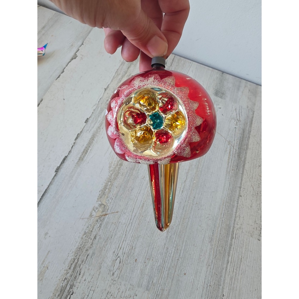 Vintage double indent teardrop parachute glass ornament Mercury rainbow Xmas
